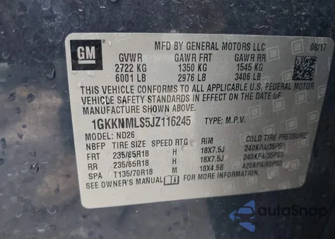 2018 GMC Acadia Slt-1 from USA, damaged, VIN 1GKKNMLS5JZ116245